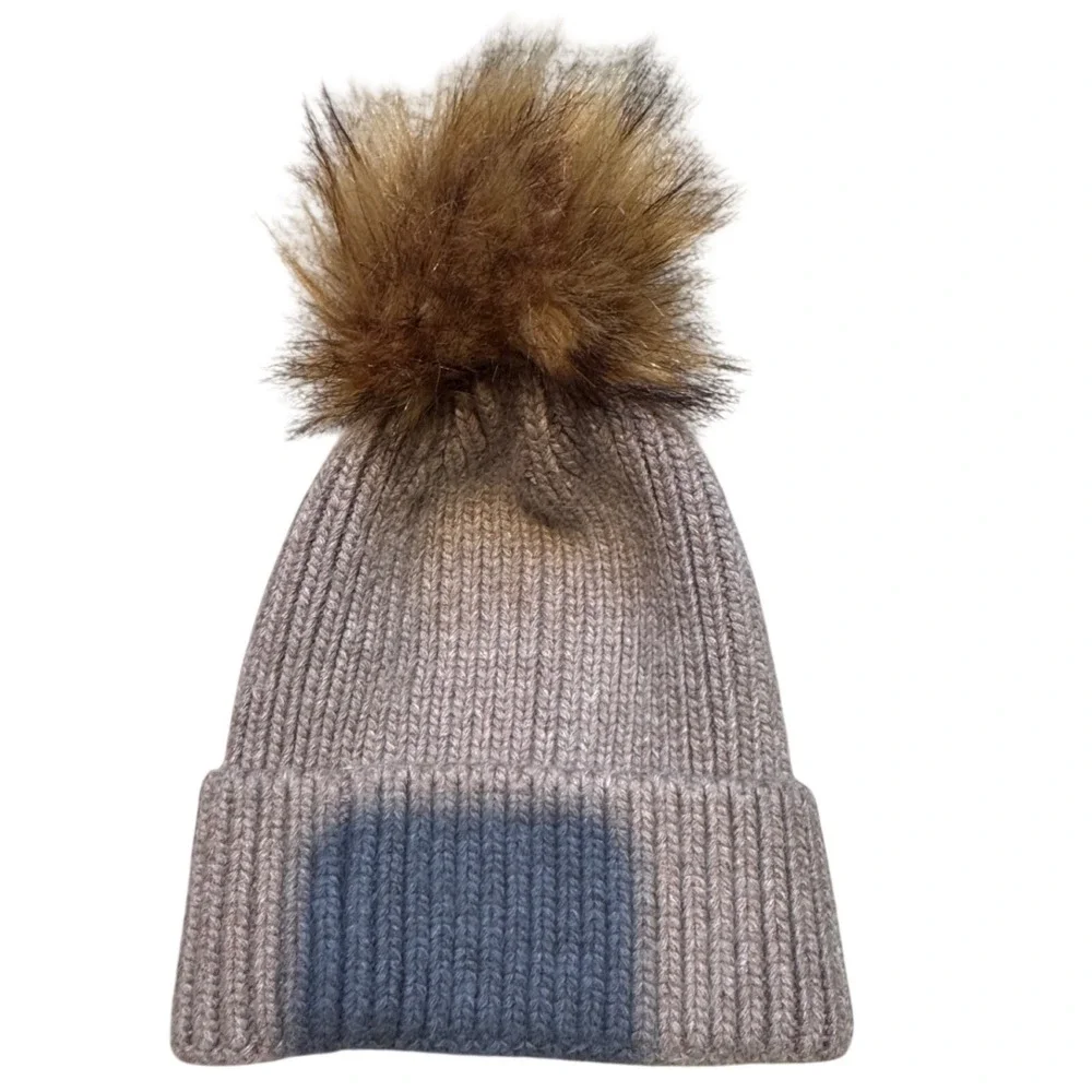 Norla Canada Alpaca Wool Blend Ribbed Knit Beanie Faux Fur Pom‎ Taupe Beige Hat